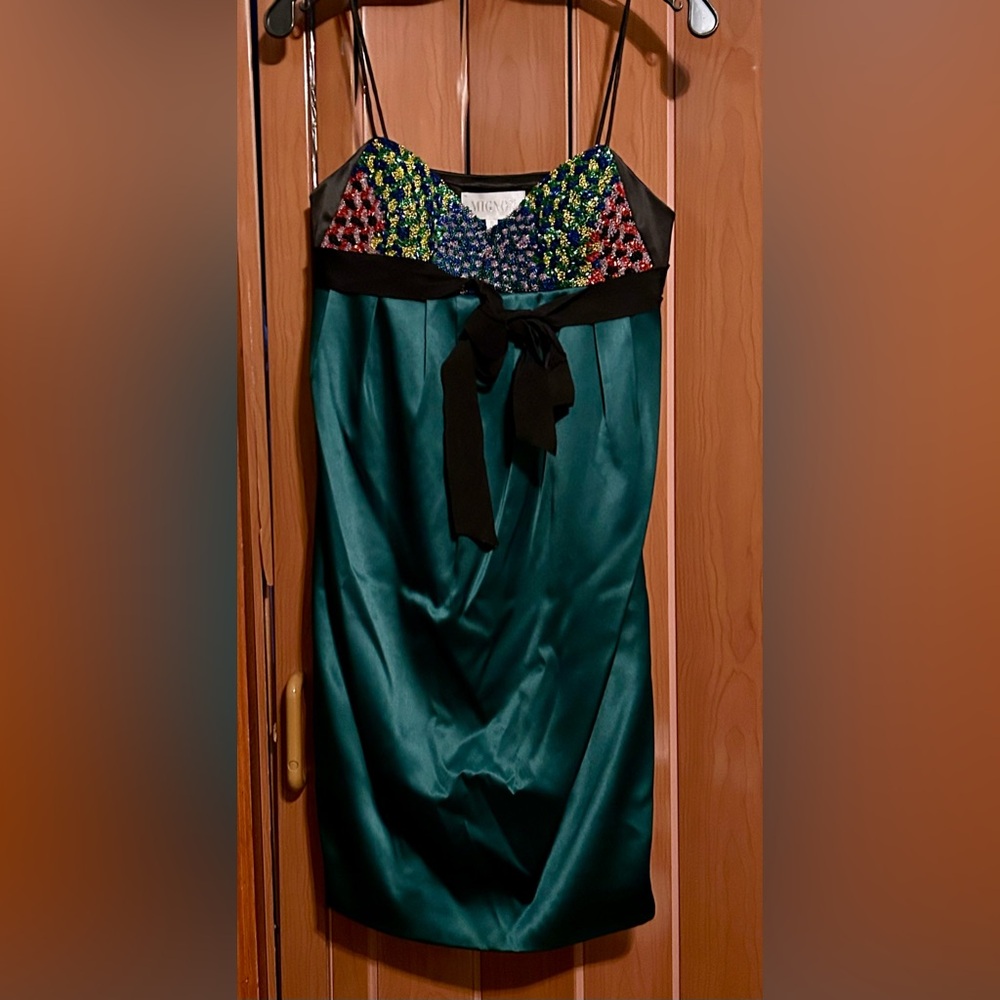 Mignon Blue & Teal with bedazzled Jewels on bust cocktail dress size 6 NWT